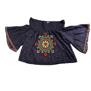 Boho‎ Embroidered Off Shoulder Peasant Blouse L Festival Cottagecore Bell Sleeve
